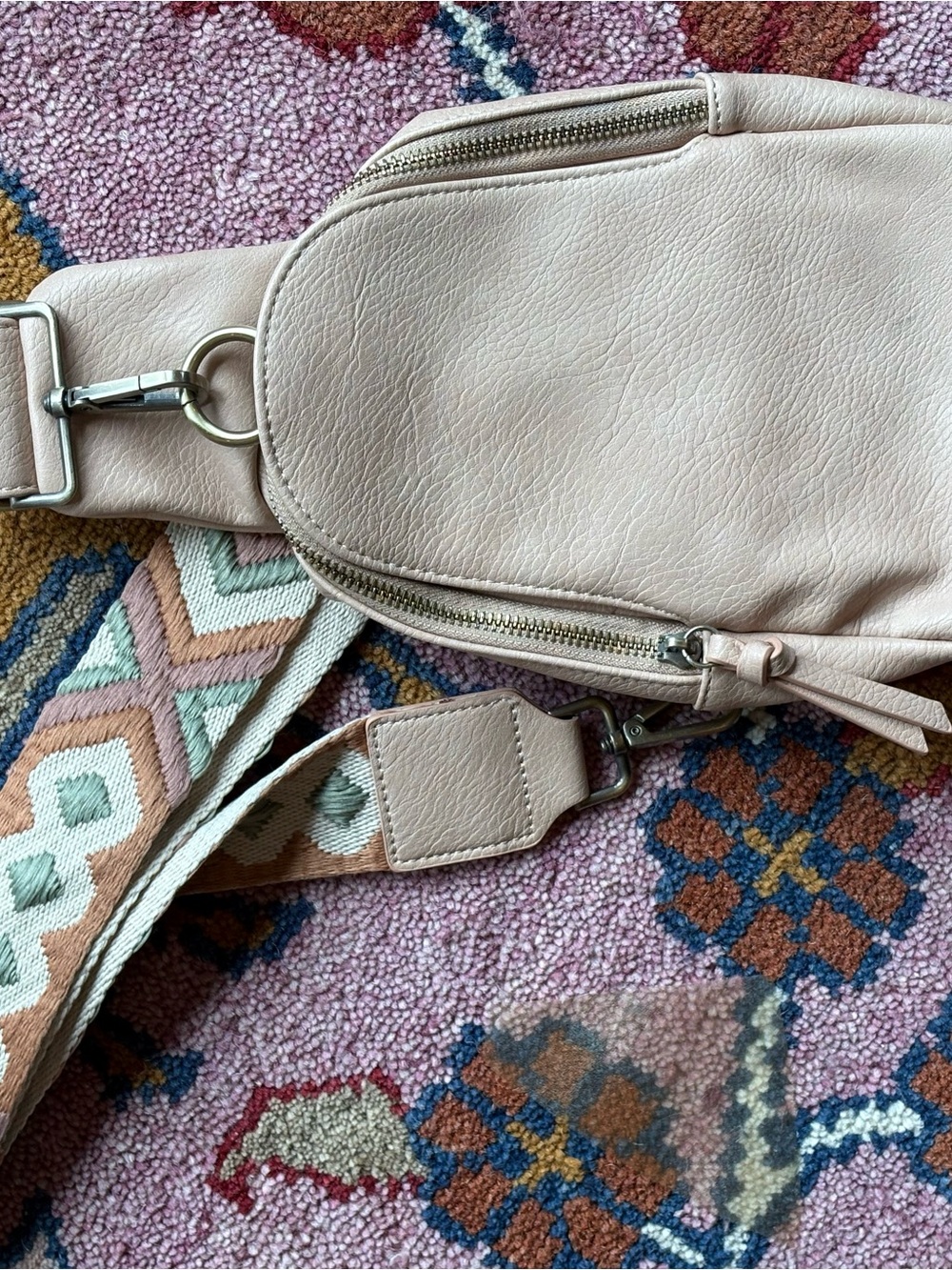 Anthropologie Blush Leather Crossbody Sling with Patterned Strap